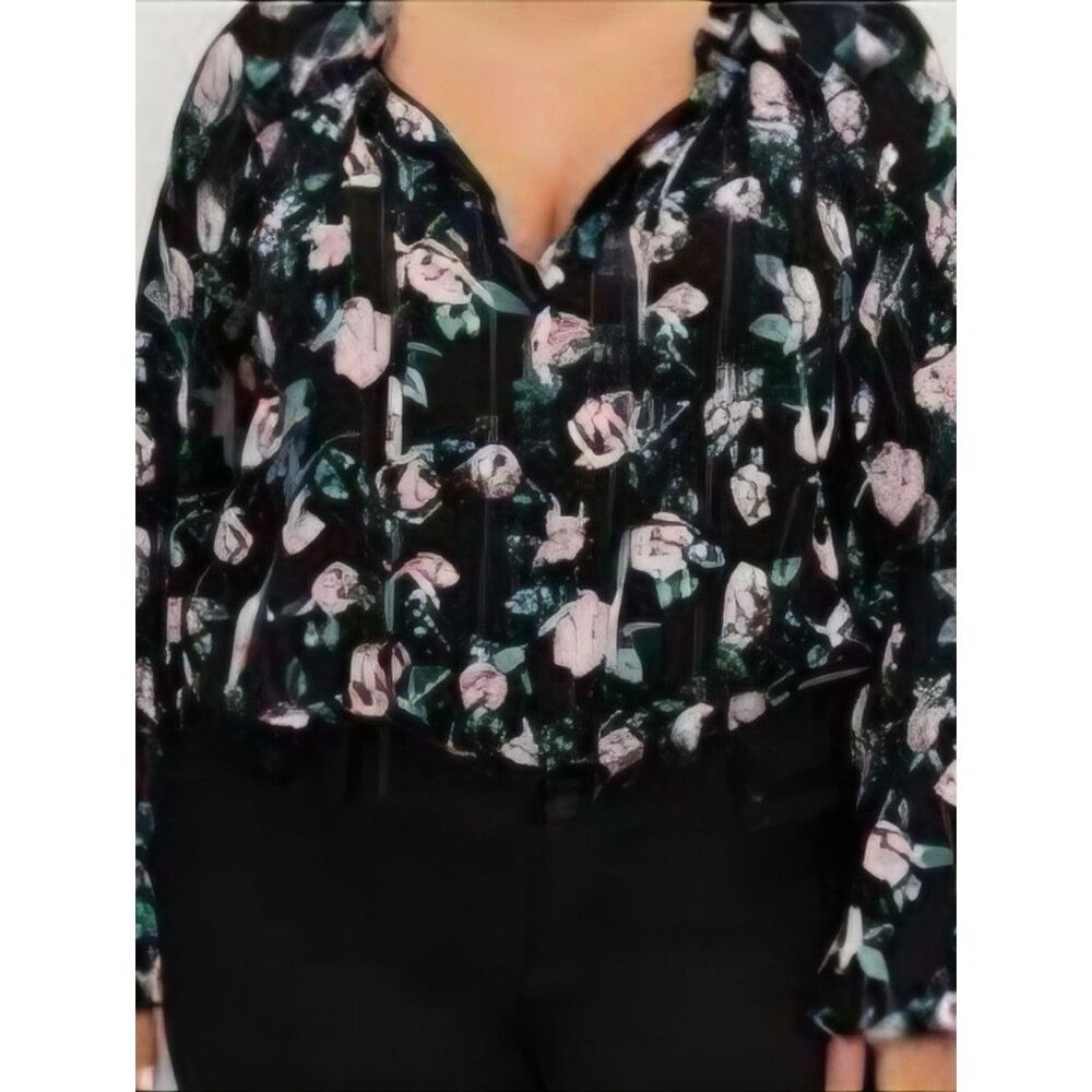 torrid Black Floral Tie-Neck Blouse with Pink Roses
